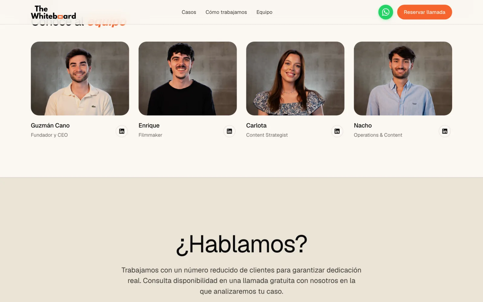 Página de equipo de The Whiteboard con CTA de reserva de llamada