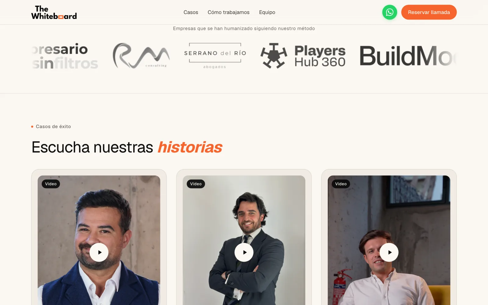 Sección de casos de éxito en vídeo de la web de The Whiteboard